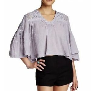 Free People Purple Gauze Woven Embroidered Crop Blouse Top S Small